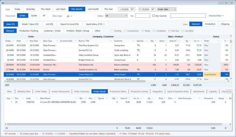Order list: colour-coded status rows and order details in the bottom panel