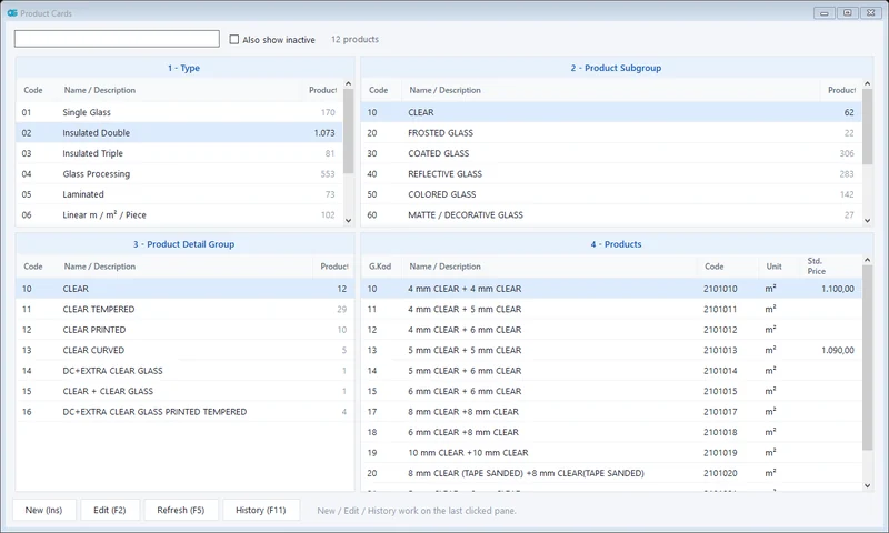 Product cards screen: type, subgroup and detail group tree