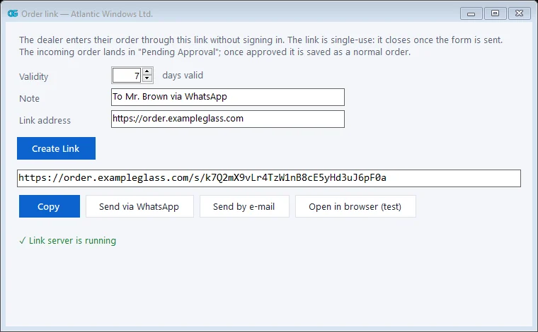 Send order link window