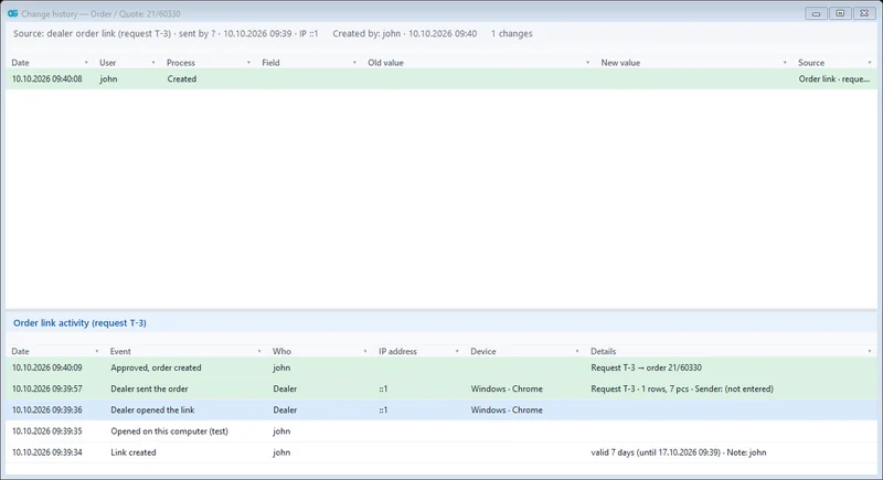 Record history of an order and its order link events