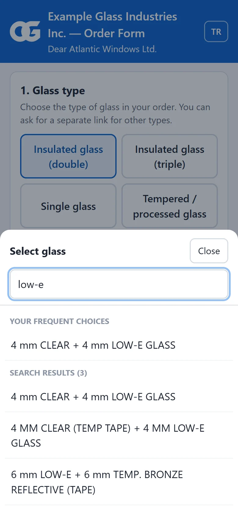 Choosing glass on the phone: frequently used types at the top, search by typing