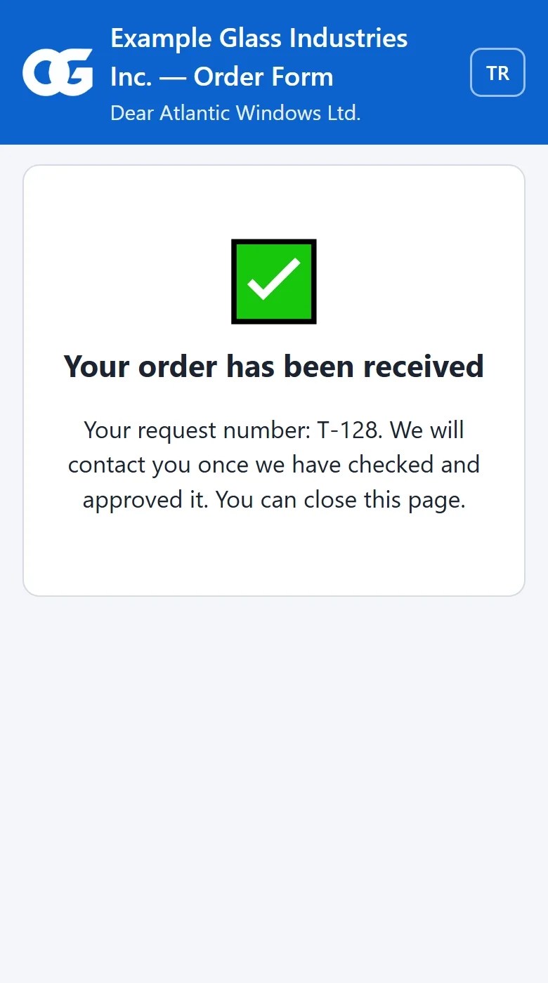 Order received screen showing the request number