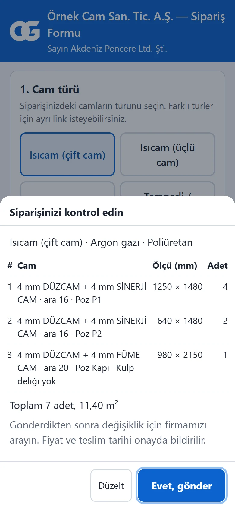 Göndermeden önce son kontrol ekranı