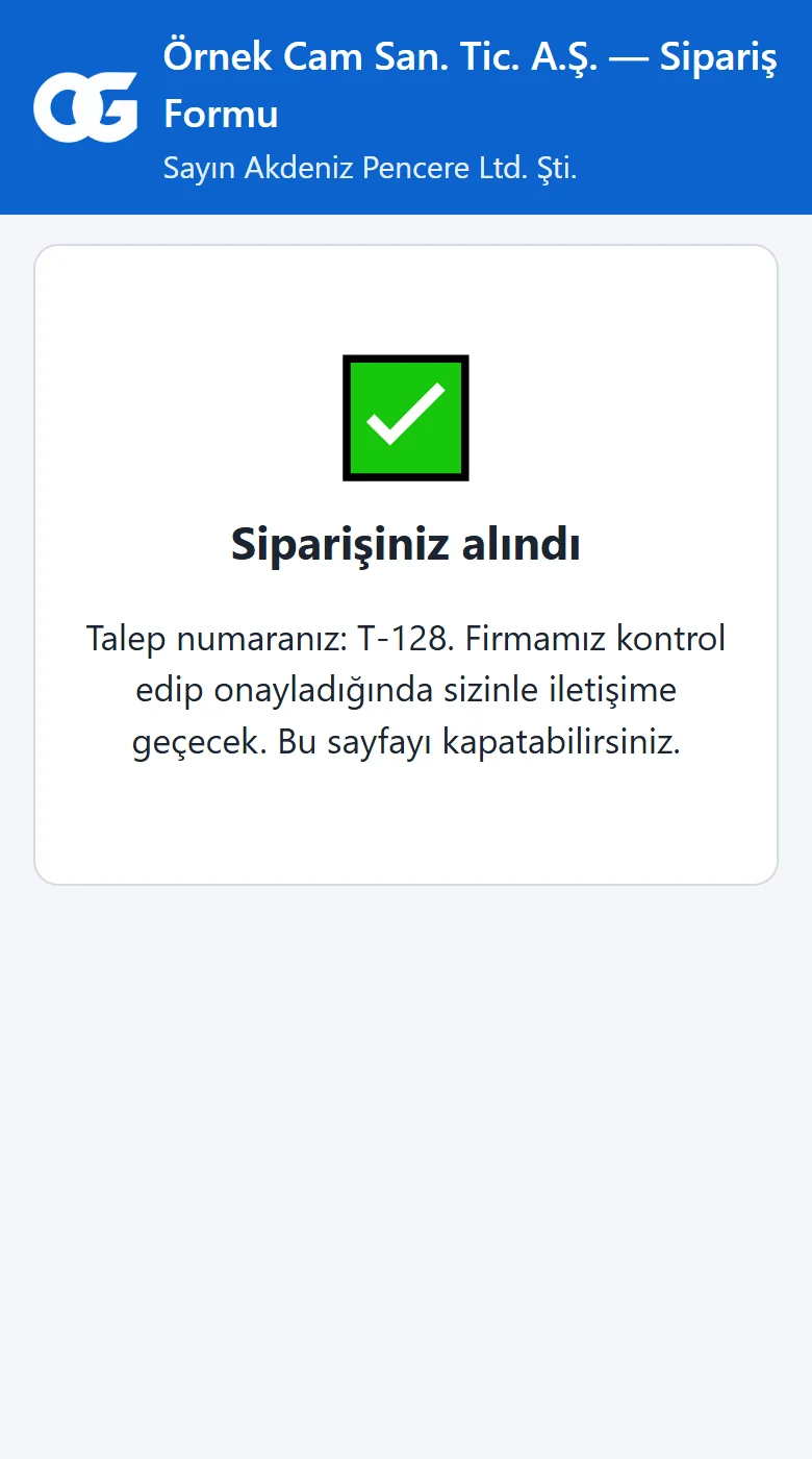 Sipariş alındı ekranı, talep numarası gösteriliyor