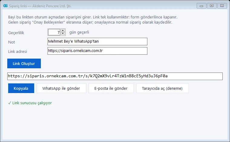 Sipariş linki gönderme penceresi
